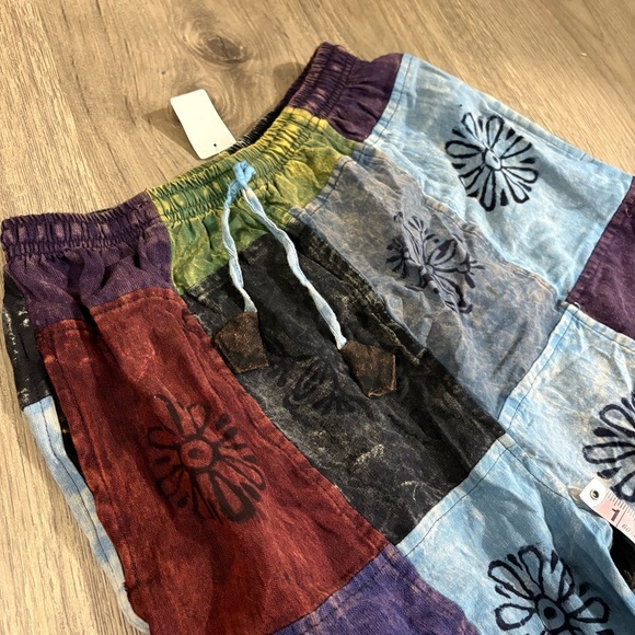 Bohemian Hippie Patchwork Drawstring Pants Cotton Pockets Sz L Made in Nepal - Picture 3 of 8
